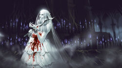  blood bloodborne bridal_veil claws commentary_request dagger dress female knife neck_ruff pale_skin photoshop_(medium) seeker solo spoilers veil weapon wedding_dress white_hair wrist_cutting yharnam_phtumerian_queen 