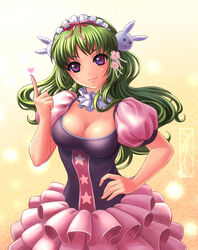  breasts female female finger_up green_hair hairband kotikomori long_hair looking_at_viewer point purple_eyes smile solo star 