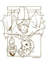  2009 arachnid arthropod arthropod_webbing bat dangling duo egyptian_roseatte_bat female gift holidays inks mammal spider thread uhusted upside-down ursula_husted valentine&#039;s_day 