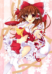  ahoge armpits ascot bow breasts brown_eyes brown_hair clothes_lift commentary_request cup detached_sleeves female floral_background flower frilled_skirt frills hair_ornament hair_ribbon hair_tubes hairbow hakurei_reimu highres holding long_hair medium_breasts navel no_bra open_mouth photoshop_(medium) plate polka_dot polka_dot_background reaching red_bow red_skirt ribbon sakazuki skirt skirt_lift skirt_set solo striped striped_background thighhighs touhou underboob vertical_stripes white_thighhighs yumemiya_subaru zettai_ryouiki 