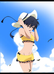  annria2002 black_hair blue_eyes closed_eye cloud clouds female female hat heart heart kingdom kingdom_hearts light one_eye_closed open_mouth short_hair sky solo sun swimsuit wind xion xion_(kingdom_hearts) 