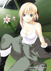  black_footwear black_gloves blonde_hair blue_eyes boots breasts car cleavage clothes_around_waist commentary_request female flower fur_boots gloves jacket jacket_around_waist large_breasts lily_(tenkuu_no_lily) looking_at_viewer masya motor_vehicle photoshop_(medium) short_hair side_ponytail sitting sleeveless smile solo tank_top tenkuu_no_lily 