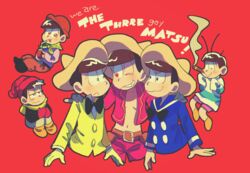  6+boys bad_id bad_twitter_id beanie bow bowtie brothers brown_hair cigar cosplay cropped_jacket crossover disney donald_duck donald_duck_(cosplay) english_text hat highres jose_carioca jose_carioca_(cosplay) male_focus matsuno_choromatsu matsuno_ichimatsu matsuno_jyushimatsu matsuno_karamatsu matsuno_osomatsu matsuno_todomatsu mini_person miniboy multiple_boys one_eye_closed osomatsu-kun osomatsu-san osomatsu_(series) panchito_pistoles panchito_pistoles_(cosplay) red_background risao sailor scarf sextuplets siblings simple_background sleeves_past_wrists smile smoking sombrero the_three_caballeros upper_body 