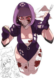  aiba-tsukiko bandaged_leg bandages blood blood_on_bandages blunt_bangs bob_cut brass_knuckles breasts cleavage cricket female fingerless_gloves fork gloves hat highres large_breasts leotard nurse_cap photoshop_(medium) purple_eyes red_eyes sarashi scar scar_across_eye scar_on_face scarf solo street_fighter vivian_nishiki weapon wrestler wrestling_outfit 