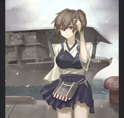  aircraft_carrier anti-aircraft_gun blouse bollard brown_hair cherry_blossoms commentary_request female fiction_(forged) historical_name_connection japanese_clothes kaga_(aircraft_carrier) kaga_(kancolle) kantai_collection md5_mismatch military military_vehicle muneate name_connection object_namesake petals resolution_mismatch ship shipyard shirt short_hair side_ponytail skirt smile solo source_larger vehicle_and_personification warship water watercraft 