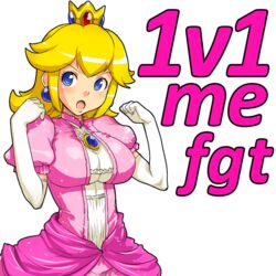  blonde_hair blue_eyes breasts crown denkishowgun dress earrings elbow_gloves female female gloves jewelry large_breasts looking_at_viewer meme nintendo open_mouth photoshop princess_peach smile solo super_mario_bros. text transparent_background 