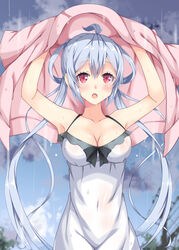  armpits blush breasts cleavage collarbone commentary_request dress female floating_hair grey_hair hair_between_eyes holding_sweater long_hair matoi_(pso2) medium_breasts milkpanda open_mouth outdoors phantasy_star phantasy_star_online_2 pink_sweater rain red_eyes shiny_skin sleeveless sleeveless_dress solo sundress sweater twintails unworn_sweater very_long_hair wet white_dress 