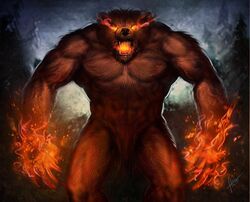  abs angry anthro bear biceps big_muscles biped black_nose bodily_fluids brown_body brown_fur claws dasaod demon detailed detailed_background digital_media_(artwork) fangs fire forest fur lava long_claws looking_at_viewer male mammal muscular muscular_anthro muscular_male naturally_censored night nipples no_pupils nude open_mouth orange_eyes outside pecs plant pose pubes saliva sharp_teeth solo standing teeth tree vein 