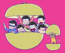  6+boys bad_id bad_pixiv_id black_hair brothers esper_nyanko feline food fruit heart heart_in_mouth male_focus matsuno_choromatsu matsuno_ichimatsu matsuno_jyushimatsu matsuno_karamatsu matsuno_osomatsu matsuno_todomatsu meme messy_hair multiple_boys nashi_pear one_eye_closed open_clothes osomatsu-kun osomatsu-san osomatsu_(series) parody pear pink_background salute sazae-san sazae-san_food_gag_(meme) sextuplets shinonoko_(tubamecider) siblings simple_background smile sunglasses two-finger_salute v 