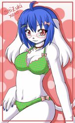  blue_hair bow_(disambiguation) bra chevi clothed clothing domestic_cat eyewear felid feline felis female glasses hair hybrid lagomorph leporid looking_at_viewer mammal panties pink_eyes rabbit shizuki_(character) skimpy smile solo swimwear underwear 