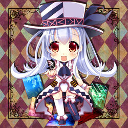  :d ascot asymmetrical_legwear bug butterfly checkered_background chibi commentary_request emil_chronicle_online female grey_hair hat kamishibaiya_iris long_hair looking_at_viewer open_mouth photoshop_(medium) red_eyes smile solo uneven_legwear yumemiya_subaru 