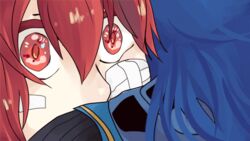  2girls animated animated bandaid blue_hair fire_emblem fire_emblem:_kakusei hug lucina multiple_girls nintendo red_eyes red_hair serena_(fire_emblem) wind yuri 