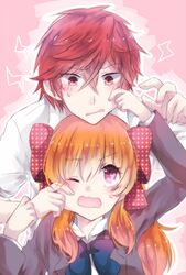  1boy blazer bow cheek_pinching cheek_pull commentary_request female gekkan_shoujo_nozaki-kun hairbow jacket mikoshiba_mikoto open_mouth orange_hair pinching polka_dot polka_dot_bow purimo_(xxxmofmof) purple_eyes red_eyes red_hair rouman_academy_school_uniform sakura_chiyo school_uniform wavy_mouth 