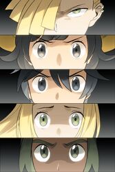  2girls 3boys black_eyes black_hair blonde_hair brother_and_sister column_lineup dark-skinned_male dark_skin elio_(pokemon) eye_focus gladion_(pokemon) green_eyes green_hair hair_over_one_eye hat hau_(pokemon) highres lillie_(pokemon) long_hair multiple_boys multiple_girls parody persona persona_eyes pokemon pokemon_usum protected_link selene_(pokemon) short_hair siblings story_yin sun_hat 