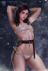  a_song_of_ice_and_fire armpits arms_behind_back artist_name arya_stark bandeau belt black_eyes black_hair blush breasts cowboy_shot female game_of_thrones groin highres looking_at_viewer mole mole_on_stomach mole_on_thigh navel panties patreon_username prywinko small_breasts smile snow solo sword thighs underwear weapon white_bandeau white_panties 