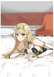  absurdres aotsuba bare_shoulders blonde_hair breasts chest_jewel cleavage cleavage_cutout clothing_cutout dress earrings elbow_gloves female gloves highres jewelry large_breasts long_hair mythra_(xenoblade) short_dress solo swept_bangs tiara upper_body very_long_hair white_dress white_gloves xenoblade_chronicles_(series) xenoblade_chronicles_2 yellow_eyes 