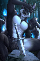  abs anthro arm_tuft artist_name biped black_body black_fur black_hair black_nose black_tail blue_claws blue_eyes blue_flames canid cheek_tuft chest_tuft claws clockhands clothed clothing facial_markings facial_tuft finger_claws fluffy fluffy_tail forest front_view fur glistening glistening_eyes glistening_hair glistening_nose grey_inner_ear hair head_markings hi_res leaf looking_at_viewer male mammal markings melee_weapon multi_tail muscular muscular_anthro muscular_male neck_tuft outside partially_clothed pecs plant prosthetic prosthetic_arm prosthetic_limb rock short_hair shoulder_tuft sitting smile solo spots spotted_body spotted_fur spotted_markings spotted_tail spread_legs spreading sword tail tail_markings teeth topless tree tsukiko tuft weapon whiskers white_body white_fur white_tail 