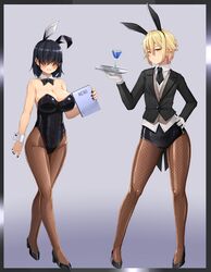  2girls absurdres animal_ears bare_shoulders black_bow black_bowtie black_footwear black_hair black_jacket black_leotard black_nails black_necktie blonde_hair bow bowtie breasts covered_navel cup detached_collar drinking_glass earrings fake_animal_ears fishnet_pantyhose fishnets full_body fushimimukai_hinako gloves hair_over_eyes high_heels highres holding holding_menu holding_tray jacket jewelry kitsunerider large_breasts leotard leotard_under_clothes long_hair long_sleeves menu multiple_girls necktie original pantyhose playboy_bunny rabbit_ears shirt short_hair short_necktie small_breasts soneda_akane standing strapless strapless_leotard suit_jacket traditional_bowtie tray white_gloves white_shirt wrist_cuffs yellow_eyes 