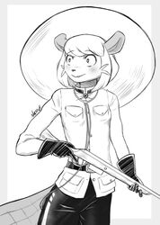  anthro beaver beaver_girl_(peargor) beaver_tail bottomwear canadian clothing female gloves gun handwear hat headgear headwear holding_object holding_weapon mammal monochrome naythf pants ranged_weapon rifle rodent royal_canadian_mounted_police solo weapon 