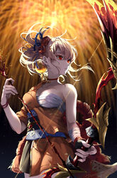  absurdres blonde_hair bow_(weapon) breasts butterfly_choker chest_sarashi female fingerless_gloves fireworks genshin_impact gloves hadanugi_dousa hair_bun hair_ornament highres holding holding_bow_(weapon) holding_weapon japanese_clothes kimono looking_to_the_side nezu_(se_aroe) night night_sky orange_kimono red_eyes rope sarashi shimenawa single_fingerless_glove sky small_breasts solo vision_(genshin_impact) weapon yoimiya_(genshin_impact) 