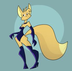  2019 anthro ass biped boots breasts canid canine clothed clothing collar digital_media_(artwork) female fennec_fox footwear fox fur gloves hair handwear high_heeled_boots high_heels latex legwear mammal rusheloc shoes simple_background solo thigh_boots thigh_highs true_fox 