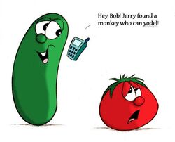  black_eyes bob_the_tomato bright_pupils commentary cucumber english_commentary english_text half-closed_eyes jpeg_artifacts kellieayana keypad larry_the_cucumber looking_at_another md5_mismatch off-topic open_mouth phone rolling_eyes talking teeth tomato tongue veggietales 