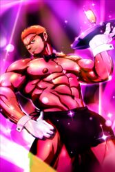  1boy abs bara beard biceps black_hair bow bowtie doro_rich drink facial_hair gloves gyee hand_on_own_hip highres holding holding_plate large_pectorals looking_at_viewer male_focus manly mature_male multicolored_hair muscular muscular_male navel_hair nipples no_shirt orange_hair pectorals plate rand_(gyee) skirt smirk solo sparkle sparkling_aura stage stage_lights teeth thick_arms thick_eyebrows thick_thighs thighs undercut veins veiny_arms 