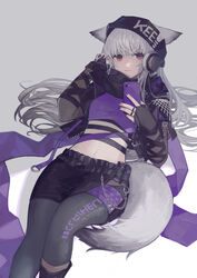  absurdres animal_ears arknights beanie black_gloves black_pantyhose black_shorts cellphone clothes_writing commentary crop_top ears_through_headwear feet_out_of_frame female fingerless_gloves fox_ears fox_girl fox_tail frostleaf_(arknights) frostleaf_(breaking_the_ice)_(arknights) gloves grey_background grey_hair hair_spread_out hat headphones highres holding holding_phone implied_extra_ears light_smile long_sleeves looking_at_viewer lying midriff miike_(992058) nail_polish official_alternate_costume on_back pantyhose pantyhose_under_shorts phone purple_nails purple_shirt red_eyes shirt shorts simple_background smartphone solo tail 