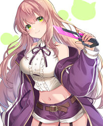  bare_shoulders belt breasts brown_hair center_frills closed_mouth collared_shirt commission cowboy_shot crop_top dagger female frilled_shirt frills garter_straps green_eyes hand_up holding holding_dagger holding_knife holding_weapon jacket kgr knife large_breasts long_hair long_sleeves looking_at_viewer midriff navel neck_ribbon off_shoulder open_clothes open_jacket original puffy_sleeves purple_jacket purple_shorts ribbon shirt short_shorts shorts skeb_commission sleeveless sleeveless_shirt smile solo standing stomach very_long_hair weapon white_shirt 