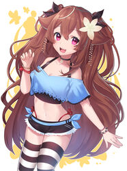  :d animal_ears bangle bare_shoulders black_choker black_shirt black_shorts blue_shirt bracelet brown_hair choker crop_top crop_top_overhang cutoffs female flower hair_flower hair_ornament hair_ribbon halter_shirt halterneck hand_up highleg indie_virtual_youtuber jewelry kgr lilya_kyomi_(fiwivt) long_hair looking_at_viewer micro_shorts midriff navel off-shoulder_shirt off_shoulder open_mouth pink_eyes ribbon shirt short_sleeves shorts side-tie_peek smile solo standing stomach striped_clothes striped_thighhighs thighhighs two_side_up undershirt very_long_hair virtual_youtuber 