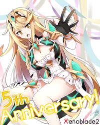  anniversary blonde_hair breasts circlet cleavage elbow_gloves female gloves hikouki_(umiko003) large_breasts long_hair looking_at_viewer mythra_(xenoblade) open_hand open_mouth solo thigh_strap thighs very_long_hair xenoblade_chronicles_(series) xenoblade_chronicles_2 yellow_eyes 