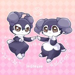  1:1 anthro brown_eyes duo female frown fur generation_8_pokemon grey_body grey_fur hi_res horn indeedee male murasakigezi nintendo pokemon pokemon_(species) smile 