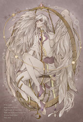  1boy aruco barefoot cardcaptor_sakura chained chains commentary_request crescent feathers full_body long_hair male_focus no_shoes photoshop_(medium) sitting solo toeless_legwear white_hair wings yue_(cardcaptor_sakura) 