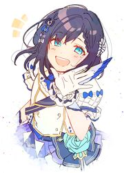  :d absurdres aiba_uiha aiba_uiha_(1st_costume) black_bow black_hair blue_bow blue_eyes blush bow braid braided_bangs commentary_request female gloves hairbow hand_up highres looking_at_viewer nijisanji notice_lines open_mouth purple_bow round_teeth shirt short_sleeves simple_background smile sofra solo striped teeth upper_body upper_teeth_only virtual_youtuber white_background white_gloves white_shirt 