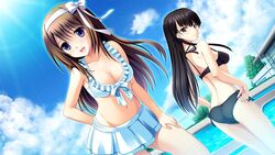  2girls :d amano_misa ass bare_arms bikini bikini_skirt black_bikini black_bow black_hair blue_eyes blue_sky blush bow bow_hairband breasts brown_hair cleavage closed_mouth cloud collarbone day front-tie_bikini_top front-tie_top game_cg hairband hairbow hoka_no_onna_no_ko_to_h_wo_shiteiru_ore_wo_mite_koufun_suru_kanojo kawai_shiori layered_skirt leaning_forward long_hair looking_at_viewer medium_breasts miniskirt multiple_girls noba_(veronicanoha) open_mouth outdoors pleated_skirt pool red_eyes shiny shiny_hair side-tie_bikini_bottom skirt sky smile standing straight_hair strap_gap sunlight swimsuit very_long_hair white_bikini white_bow white_hairband white_skirt 