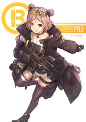  black_coat black_footwear black_gloves black_legwear buckle bullpup character_name choker coat double_bun explosive eyewear_on_head female gas_mask girls&#039;_frontline gloves grenade gun hair_bun hair_ornament highres hiroki_ree holding holding_grenade holding_gun holding_weapon light_brown_hair magazine_(weapon) mask open_clothes open_coat p90 p90_(girls&#039;_frontline) partially_fingerless_gloves pouch red_eyes reflex_sight short_hair sidelocks signature smile snap-fit_buckle solo submachine_gun tinted_eyewear trigger_discipline weapon 