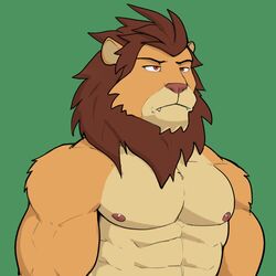  1:1 2021 abs anthro areola arm_tuft biceps biped brown_hair brown_mane cheek_tuft chin_tuft countershading cute_fangs digital_drawing_(artwork) digital_media_(artwork) facial_tuft felid fur green_background hair half-length_portrait hi_res humor jrjresq lazy_lions lion male mammal mane mane_hair mouth_closed multicolored_body multicolored_fur muscular muscular_anthro muscular_male nft nft_lion nipples nude orange_body orange_fur pantherine parody pecs pink_nipples pink_nose portrait red_eyes shaded shoulder_tuft simple_background solo tan_body tan_fur teeth_showing tuft two_tone_body two_tone_fur 