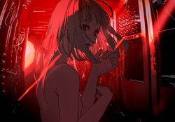  absurdres back bare_shoulders bob_cut clenched_hands color_filter commentary door english_commentary female from_side head_tilt highres indoors light_rays looking_at_viewer medium_hair nude numata_zombie original parted_bangs parted_lips portrait red_eyes sidelocks solo window 