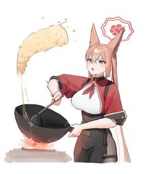  absurdres animal_ears blue_archive blush breasts brown_hair chinese_clothes cooking crossed_bangs female fire food fried_rice halo high-waist_skirt highres large_breasts long_hair looking_up neckerchief nonoa red_neckerchief rumi_(blue_archive) skirt solo twintails upper_body very_long_hair wok 