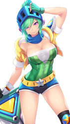  alternate_costume arcade_riven arm_up bare_shoulders belt black_shorts black_thighhighs blue_scarf blue_shorts breasts cait_aron cleavage commentary female fingerless_gloves gloves green_hair helmet highres jacket large_breasts league_of_legends looking_at_viewer medium_breasts photoshop_(medium) purple_eyes riven_(league_of_legends) scarf short_hair short_shorts shorts simple_background single_thighhigh smile solo star_(symbol) sword thighhighs weapon white_background white_gloves yellow_belt yellow_jacket 