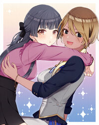  2girls :d arms_around_neck ascot black_eyes black_hair blonde_hair blouse blue_background blunt_bangs blush bow bracelet breasts brown_eyes brown_hair collared_shirt earrings frilled_shirt frills gradient_background gradient_hair gyaru hairbow highres hoshino_hikari hug idolmaster idolmaster_shiny_colors izumi_mei jewelry large_breasts long_hair looking_at_viewer mayuzumi_fuyuko medium_breasts miniskirt multicolored_hair multiple_earrings multiple_girls open_mouth pants pink_background ponytail pout shirt simple_background skirt smile star_(symbol) striped_clothes striped_shirt tan vest yuri 