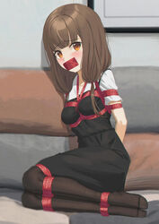  absurdres arms_behind_back black_dress blush bondage bondage bondage bound breasts brown_hair brown_pantyhose cailin020 collarbone dress female gag gagged highres iino_miko improvised_gag kaguya-sama_wa_kokurasetai_~tensai-tachi_no_renai_zunousen~ long_hair low_twintails medium_breasts no_shoes orange_eyes pantyhose restrained rope school_uniform shirt shuuchiin_academy_school_uniform sitting tape tape_gag twintails white_shirt 