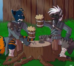  absurd_res armor beverage bottomwear braided_hair canid canine clothing container cup d4 d6 d8 dice duo flesh_tunnel fox hair hi_res hyena kingdraws loincloth male mammal mug outside tree_stump 