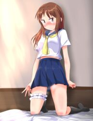  arms_at_sides bed black_socks blue_sailor_collar blue_skirt blush brown_eyes brown_hair clenched_hand closed_mouth commentary_request embarrassed female full_body garter_straps highres indoors kneehighs kneeling long_hair looking_at_viewer midriff_peek neckerchief no_shoes okano_kei on_bed pleated_skirt sailor_collar school_uniform serafuku shadow shirt short_sleeves skirt socks solo sweat thighs wall white_shirt yellow_neckerchief yuukin yuyushiki yuyushiki&#039;s_school_uniform 