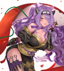  breasts camilla_(fire_emblem) camilla_(ninja)_(fire_emblem) choker enmoire female fire_emblem fire_emblem_fates fire_emblem_heroes fishnet_thighhighs fishnet_top fishnets forehead_protector hair_over_one_eye headband holding holding_shuriken holding_weapon kunai leaning_forward lips long_hair ninja official_alternate_costume official_alternate_hairstyle pelvic_curtain ponytail purple_choker purple_eyes purple_hair purple_ribbon purple_robe ribbon ribbon_choker robe rope scroll shimenawa shuriken shuriken_hair_ornament smile solo thighhighs thorns very_long_hair watermark wavy_hair weapon 