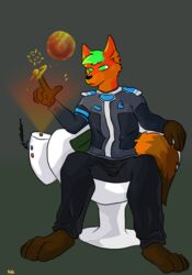  acacia_dune anthro canid canine chair clothed clothing felix_de_fox fox fur furniture futuristic green_eyes green_hair hair hi_res hologram male mammal orange_body orange_fur planet science_fiction simple_background solo 