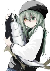  +_- animal beanie brown_eyes commentary_request expressionless female fish green_eyes green_hair hair_between_eyes hat heterochromia highres holding holding_animal holding_fish hood hood_down hoodie kamatama kuso_zako_choroin_nishiga_hachi long_hair long_sleeves saiba_mirai simple_background tuna upper_body white_background 