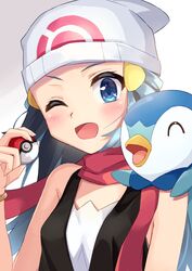  ;d ^_^ bare_arms bare_shoulders beanie black_hair black_shirt blue_eyes blue_hair blush breasts closed_eyes commentary_request dawn_(pokemon) female gradient_hair hair_ornament hand_up hat highres holding holding_poke_ball multicolored_hair on_shoulder one_eye_closed open_mouth piplup poke_ball poke_ball_(basic) poke_ball_symbol pokemon pokemon_(creature) pokemon_dppt pokemon_on_shoulder red_scarf scarf shirt sleeveless sleeveless_shirt small_breasts smile sutei_(xfzdarkt) upper_body v-shaped_eyebrows white_headwear 