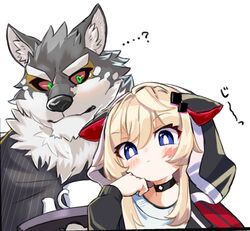  anthro blonde_hair blue_eyes blush canid canine canis clothing container cup domestic_dog duo female green_eyes hair hoodie human husky lifewonders live_a_hero male mammal melide monomasa nordic_sled_dog question_mark red_sclera sdeekkk serving_tray spitz tea_cup topwear 