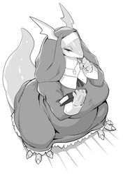  anthro big_breasts book breasts claws cleavage clothed clothing curvy_figure dragon female half-closed_eyes huge_breasts monochrome mythological_creature mythological_scalie mythology narrowed_eyes non-mammal_breasts nun nun_habit nun_outfit religious_clothing scalie semi-anthro simple_background slightly_chubby stocky tail thick_tail voluptuous white_background wide_hips wkar 